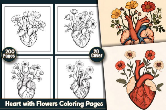 200 Heart with Flowers Coloring Pages