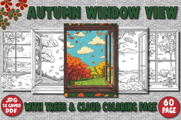 Autumn Window View with Trees Cloud Co: A Digital Coloring Page Bundle for Adult Creatives